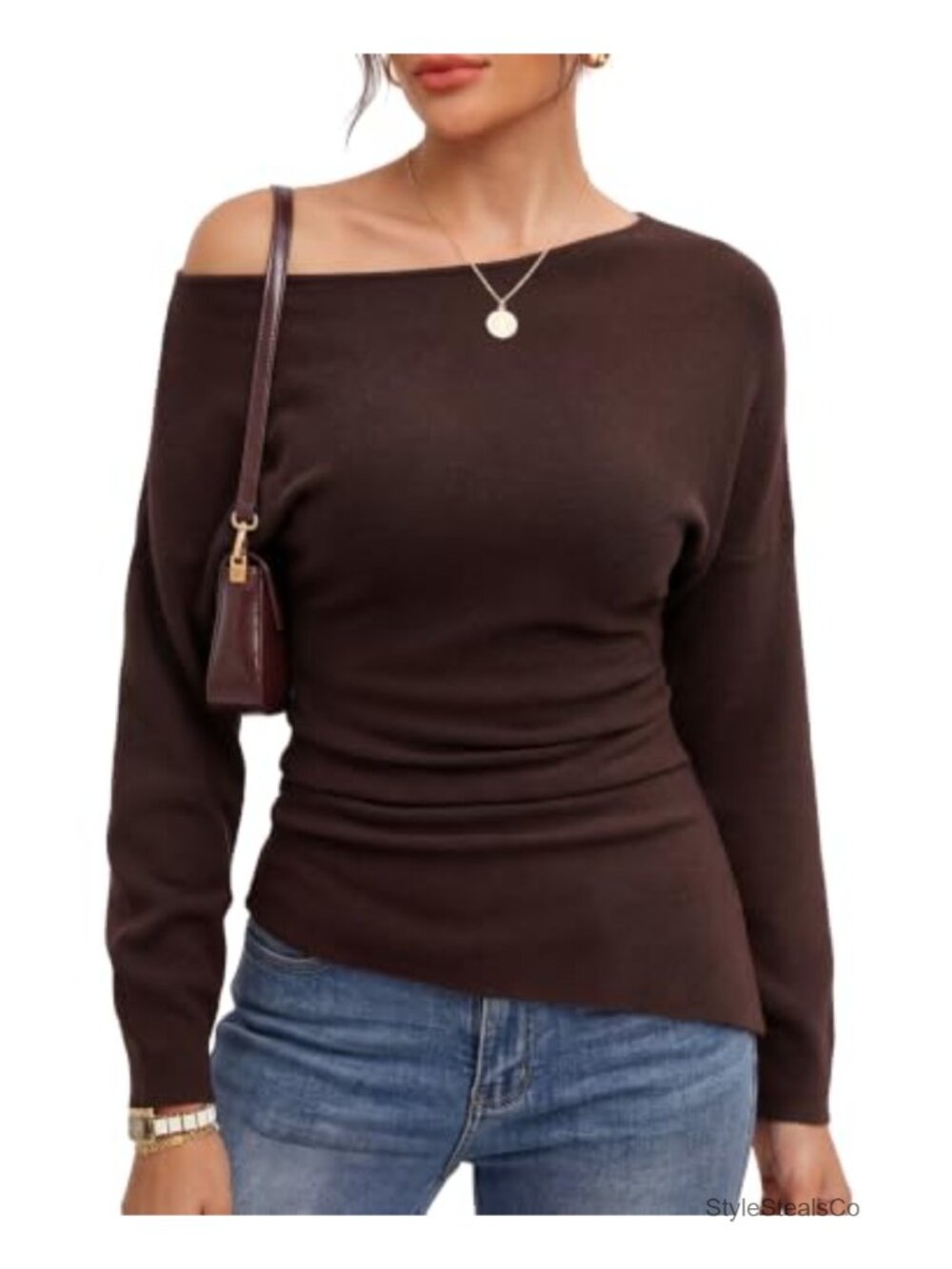Women's Off Shoulder Sweater Long Sleeve Cinched Waist Knit Top